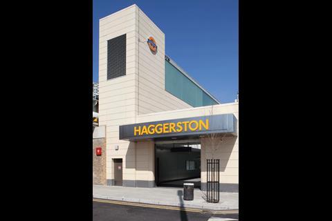 The entrance at Haggerston displays the stainless steel and co-ordinated signage that is a unifying feature on the East London Line stations